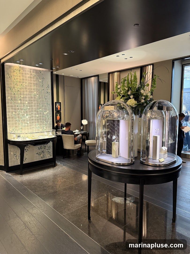 The interior of a high-end store, possibly a jewelry or watch boutique. Display cases showcase various items under glass domes. A floral arrangement adds a touch of elegance. Staff members are visible assisting customers in the background. The overall ambiance is sophisticated and refined.