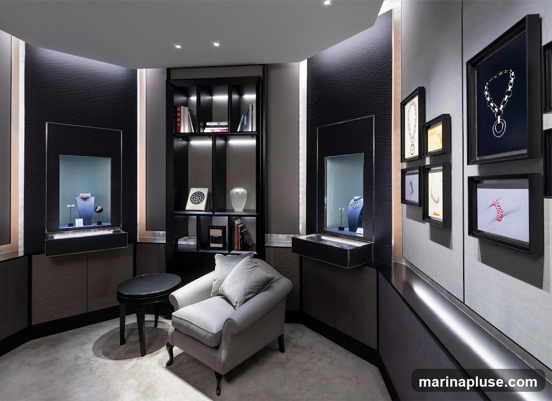 A sophisticated and modern jewelry display room with elegant furnishings. The room features dark textured walls, illuminated display cases showcasing necklaces and bracelets, and a black bookshelf filled with books and decorative items. A plush gray armchair and a small dark table are placed in the seating area. Framed artwork depicting jewelry pieces adorns one wall.