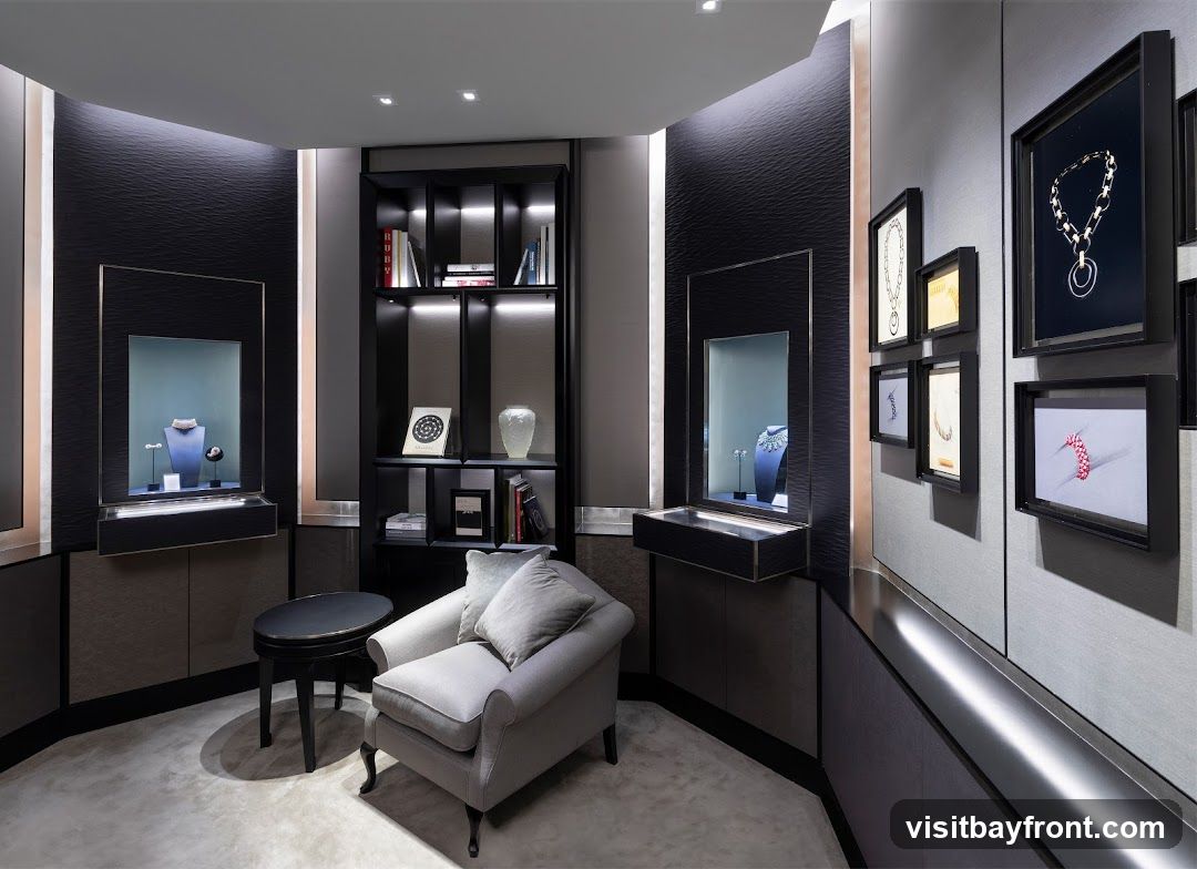 A sophisticated and modern jewelry display room with elegant furnishings. The room features dark textured walls, illuminated display cases showcasing necklaces and bracelets, and a black bookshelf filled with books and decorative items. A plush gray armchair and a small dark table are placed in the seating area. Framed artwork depicting jewelry pieces adorns one wall.