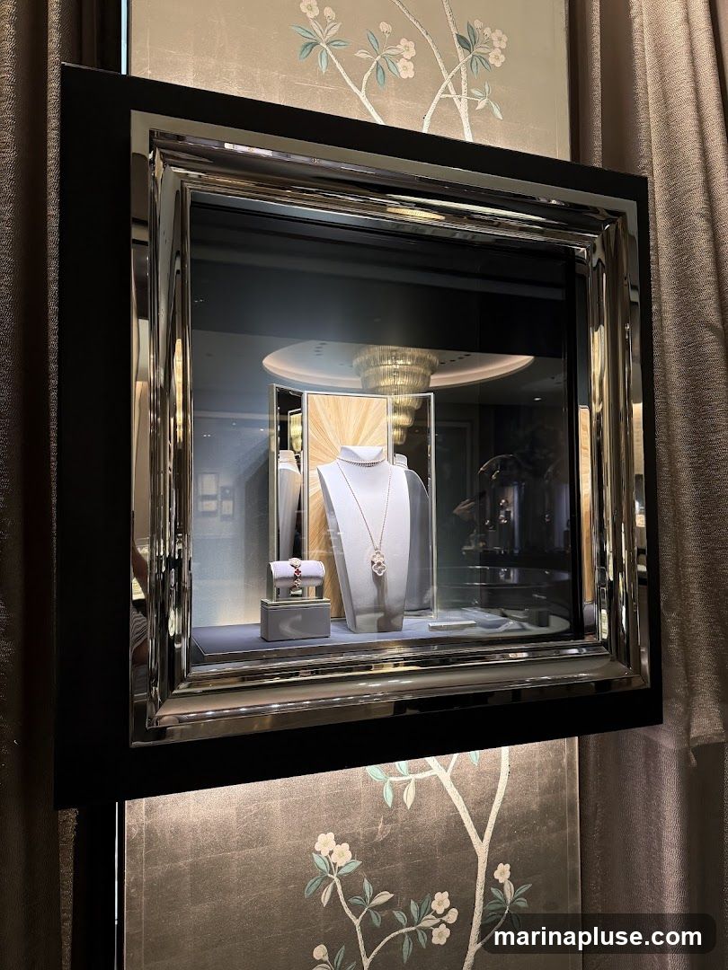 A display case showcasing a necklace and a bracelet. The necklace is on a white bust, and the bracelet is on a grey stand. The display case has a mirrored frame and is set against a backdrop of curtains and decorative wallpaper with a floral motif.