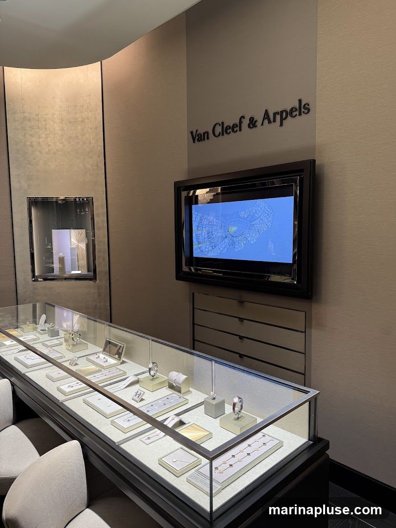 A well-lit interior display case filled with various pieces of jewelry, including necklaces, bracelets, and rings. The brand name "Van Cleef & Arpels" is visible on the wall above a digital screen. The overall ambiance is luxurious and sophisticated, with neutral-toned walls and elegant display arrangements.