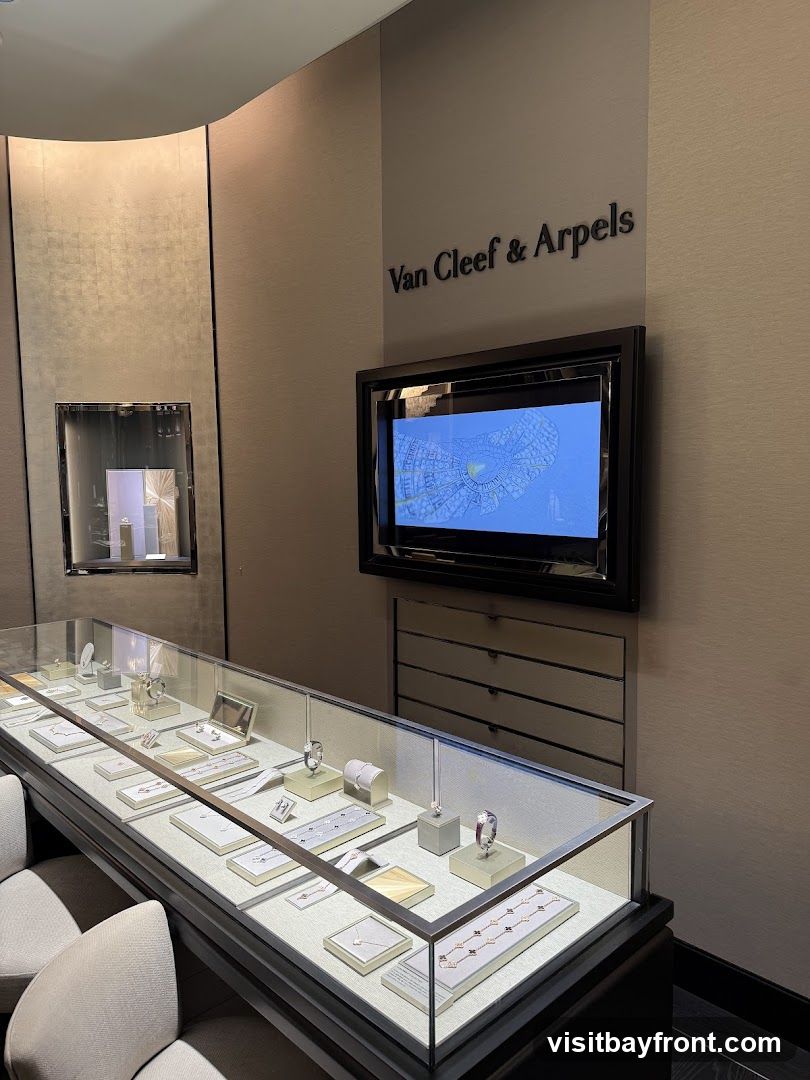 A well-lit interior display case filled with various pieces of jewelry, including necklaces, bracelets, and rings. The brand name "Van Cleef & Arpels" is visible on the wall above a digital screen. The overall ambiance is luxurious and sophisticated, with neutral-toned walls and elegant display arrangements.