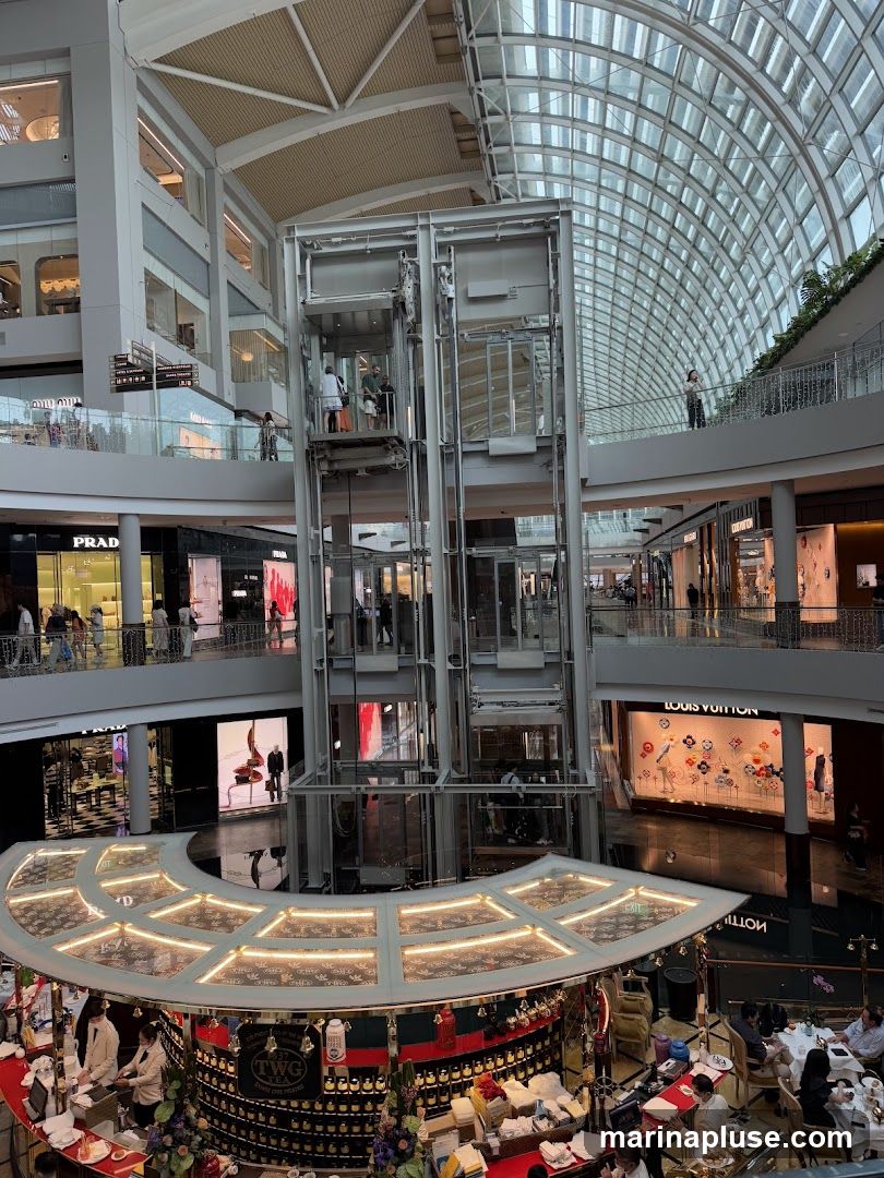 A wide shot of the interior of a multi-level shopping mall with a large glass atrium ceiling. In the center, a glass elevator shaft with people inside is visible. Around the atrium, various luxury brand stores like Prada and Louis Vuitton are seen. In the foreground, a circular counter with many tea canisters and staff serving customers is present.