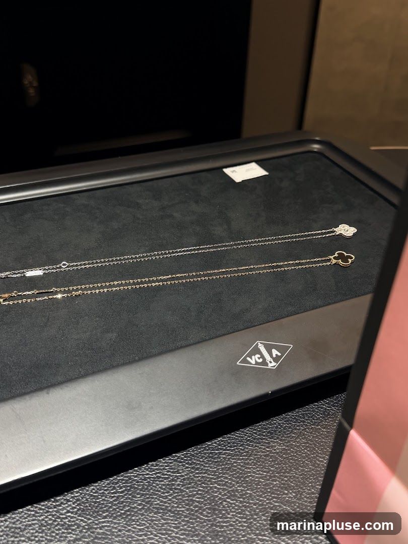 Two delicate necklaces are displayed on a black velvet surface. The top necklace is silver with a diamond-encrusted clover pendant. The bottom necklace is gold with a black clover pendant. A logo with the letters VCA and a stylized image is visible on the display case. A pink and white striped shopping bag is partially visible on the right side of the image.