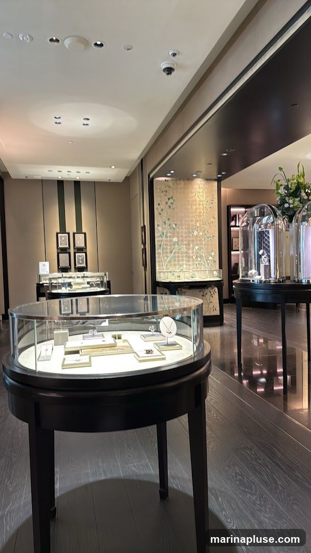 A view inside a high-end jewelry store, showcasing display cases filled with various jewelry items. The store features elegant decor, including patterned wallpaper and modern lighting. The flooring is dark wood, and the overall ambiance is luxurious and sophisticated.