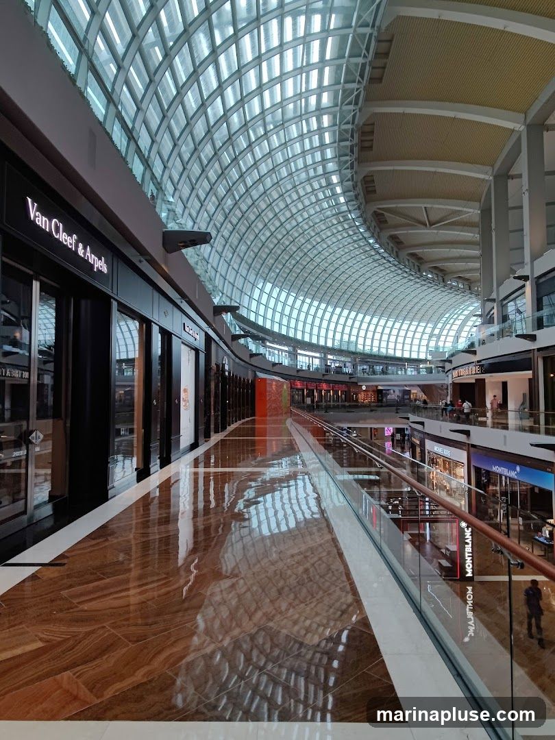 A wide-angle view of the interior of a contemporary shopping mall, featuring a distinctive curved glass ceiling that allows natural light to flood the space. The polished wooden floor reflects the architecture and the shops lining the upper and lower levels. Visible storefronts include 'Van Cleef & Arpels' and 'Montblanc'. The overall ambiance is bright, spacious, and upscale.