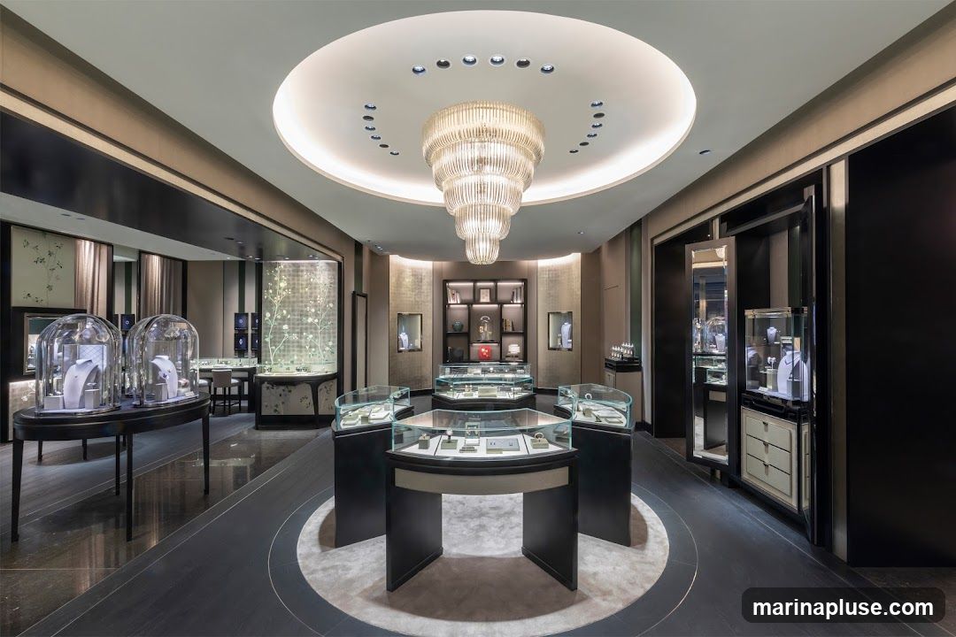 The interior of a high-end jewelry store is depicted, featuring elegant display cases filled with necklaces, bracelets, and other jewelry. A large, multi-tiered chandelier hangs from the circular ceiling, illuminating the space. The store has a sophisticated design with dark wood accents, mirrored surfaces, and subtle decorative elements on the walls. Several display cases are arranged in a central circular layout, with additional displays along the walls and in alcoves. The flooring is dark wood with a circular rug in the center.