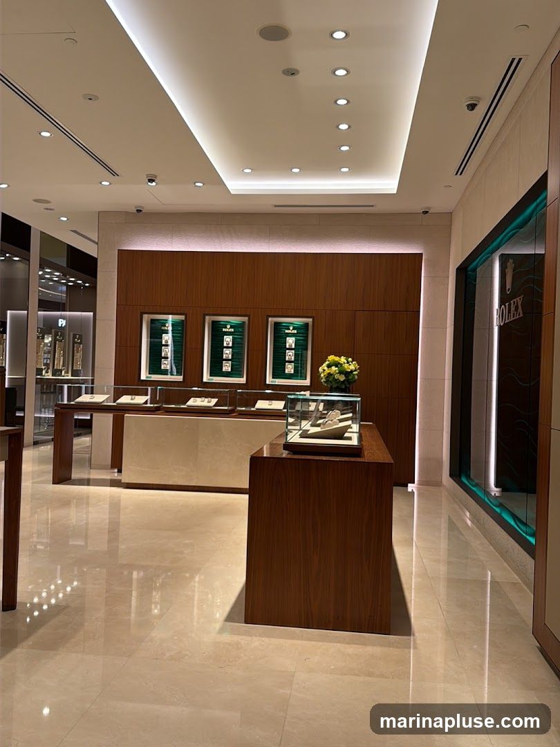 The interior of a luxurious Rolex store. The walls are paneled with warm wood, and the floor is polished marble. Display cases showcase watches, and framed Rolex advertisements are mounted on the wall. A prominent Rolex sign is visible on the right side of the image.