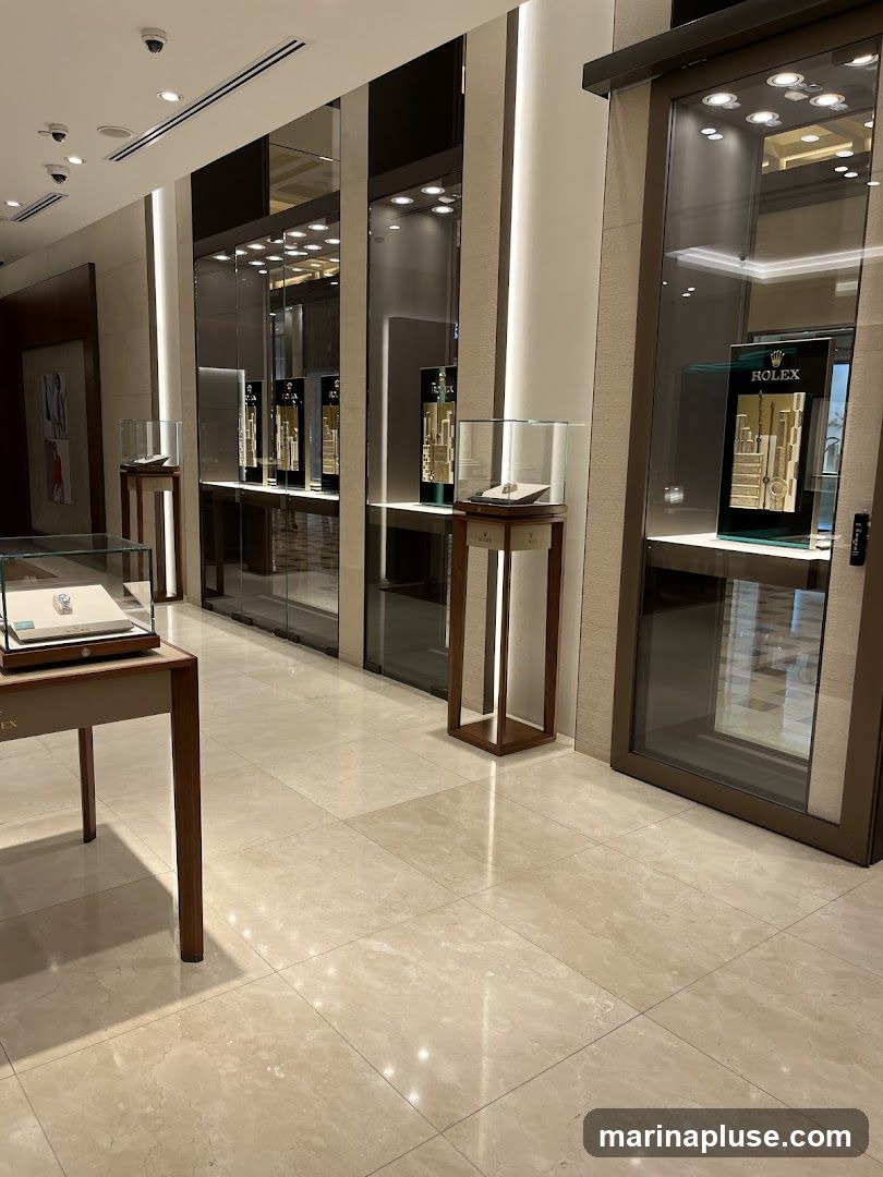 Interior view of a high-end watch store with illuminated display cases showcasing watches. The flooring is polished marble. A prominent Rolex display is visible on the right.