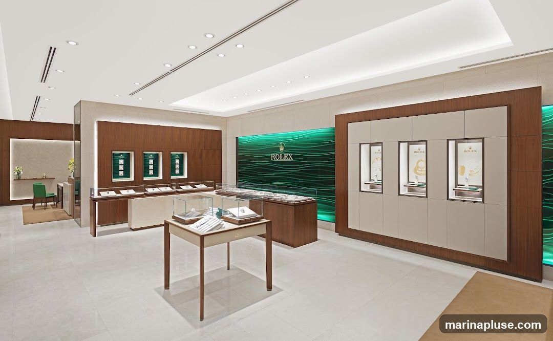 The interior of a modern Rolex store, featuring elegant displays of watches. The walls are adorned with wood paneling and illuminated green accents. Several glass display cases showcase watches, and a large, illuminated Rolex logo is prominently displayed on the back wall. The flooring is a light-colored tile.
