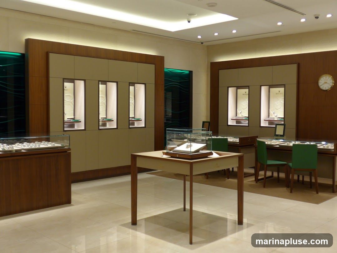 Interior of a high-end watch store with display cases showcasing watches. The store features wooden paneling, soft lighting, and elegant display shelves. Several Rolex logos are visible on the display backdrops. Green chairs are placed around a central display table.