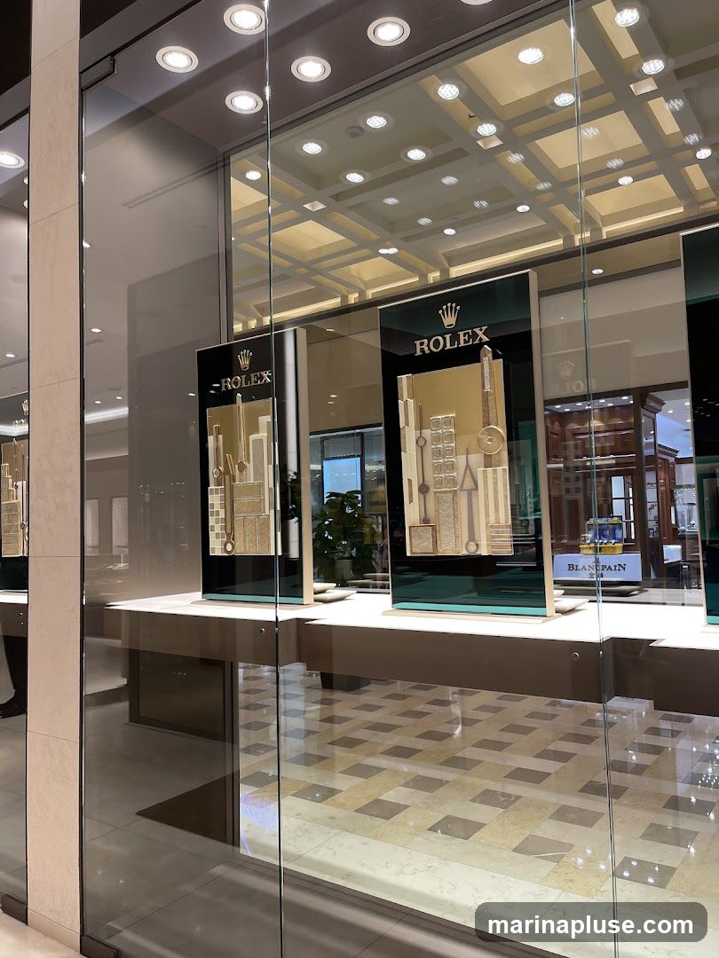 A display window featuring Rolex and Blancpain watches. The Rolex displays show stylized cityscapes with watch components. A Blancpain sign is visible in the background. The interior of the store is reflected in the glass, showing a well-lit space with display cases.