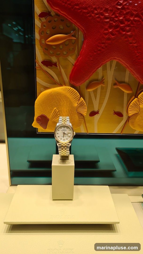 A Rolex watch is displayed on a stand in front of a decorative background featuring a red starfish, yellow fish, and red fish, resembling an underwater scene. The watch has a two-tone metal band and a white dial with diamond markers. The display area has the Rolex logo embossed on it.