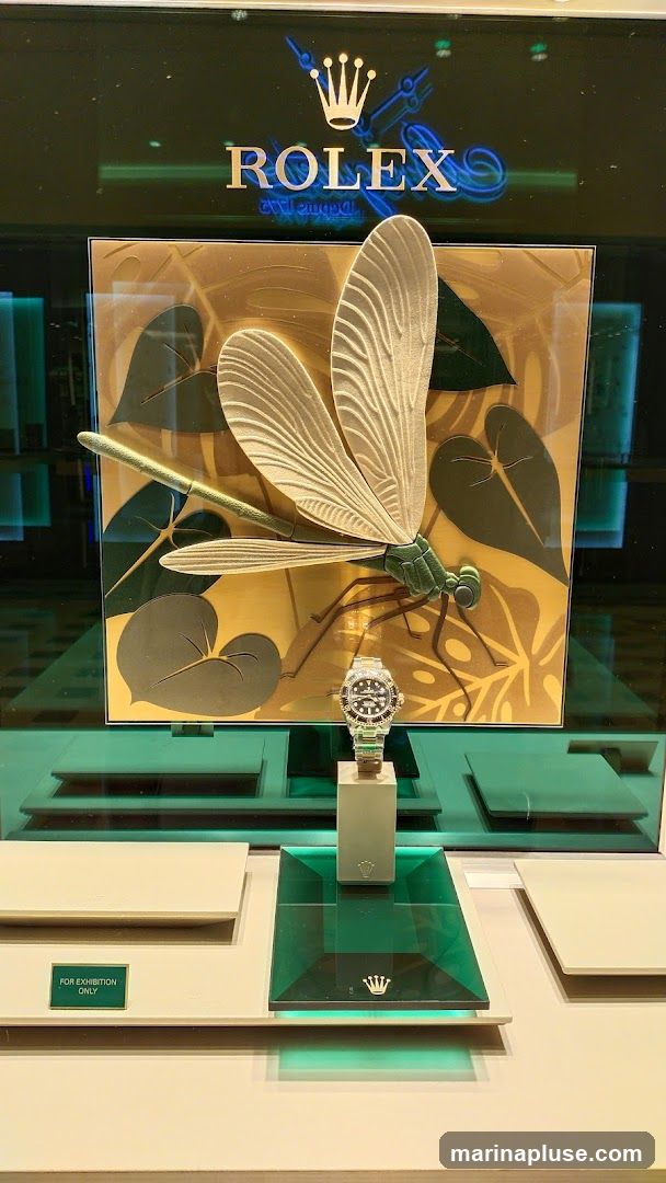 A Rolex display window features a large, stylized dragonfly sculpture with intricate wing details. Below the sculpture, a Rolex watch is displayed on a stand. The background shows the Rolex logo and crown. A small sign reads "FOR EXHIBITION ONLY".