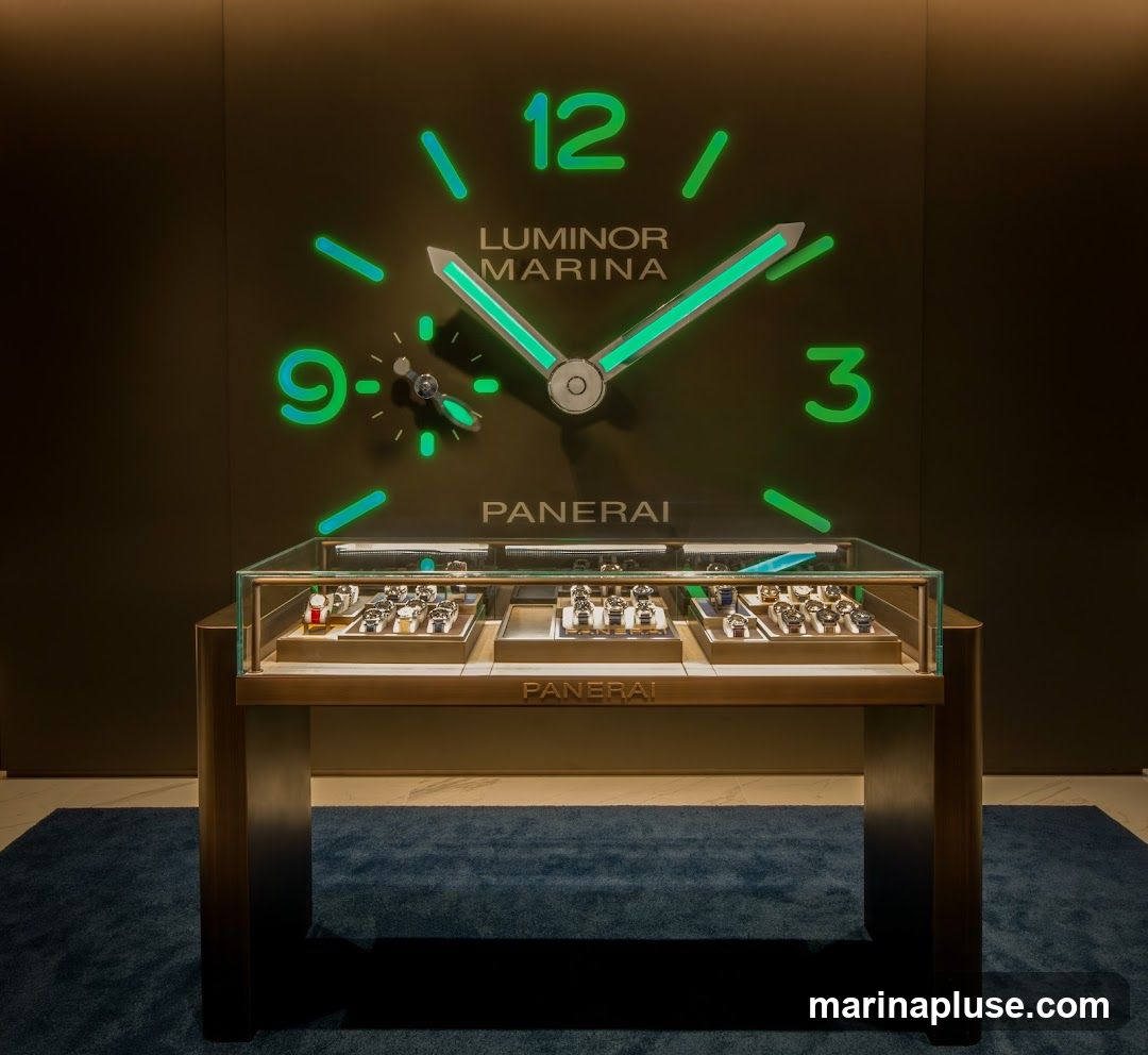 A display case filled with Panerai watches sits in front of a large clock face on a dark wall. The clock has luminous green numbers and hands, with the words "LUMINOR MARINA" and "PANERAI" visible. The display case also has "PANERAI" branding.