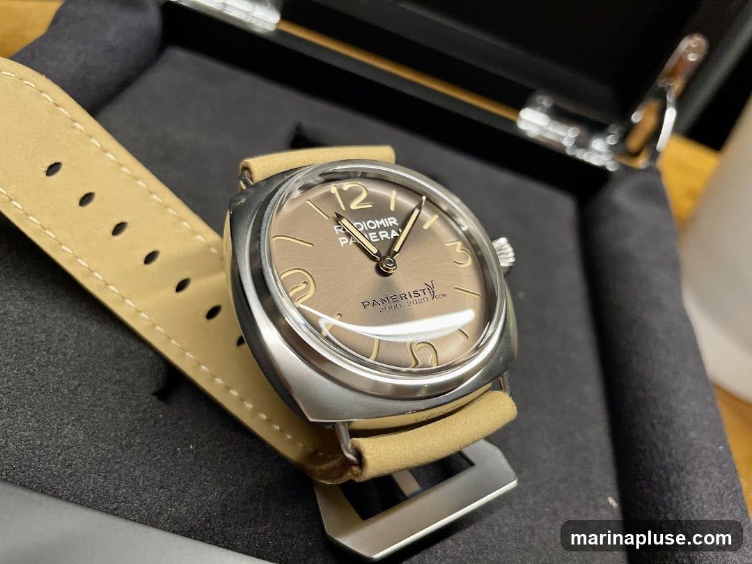 A close-up shot of a Panerai watch with a brown dial and a tan leather strap. The watch is presented in a black box. The dial features Arabic numerals at the 12 and 3 o'clock positions, with other hour markers indicated by simple lines. The brand name "RADIOMIR PANERAI" is visible at the top of the dial, and "PANERISTI 2000-2020 100m" is printed below the center. The watch has a stainless steel case and a visible crown. The strap is perforated for adjustability.