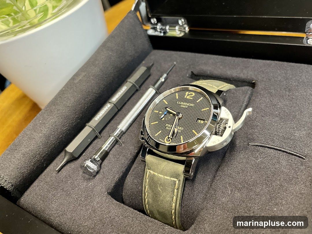 A close-up shot of a Panerai Luminor GMT watch with a green strap, presented in a black felt-lined box. Two watchmaking tools, one black with "OFFICINE PANERAI" printed on it, and a silver knurled tool, are placed next to the watch. A white pot with green foliage is visible in the blurred background.