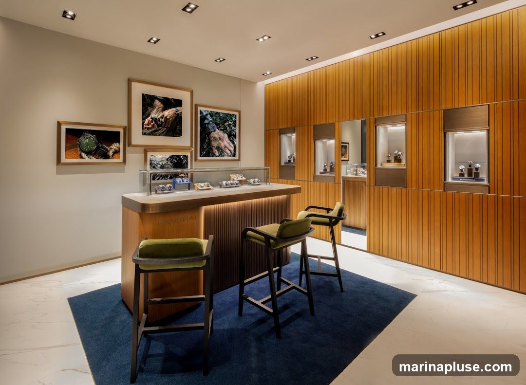 A well-lit, modern luxury watch store interior featuring a central wooden counter with display cases and artwork on the wall. Three plush green bar stools are placed in front of the counter. The back wall is adorned with vertical wooden paneling and illuminated display niches showcasing watches. The floor is a combination of white marble and a dark blue rug. The word "PANERAI" is visible on the front of the counter.