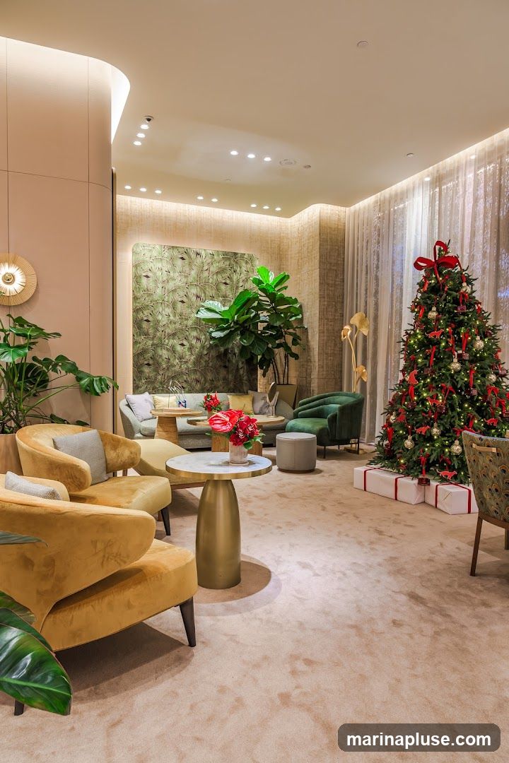 A sophisticated lounge area decorated for the holidays. The room features plush, mustard-yellow armchairs and a sofa, complemented by a green velvet armchair and ottoman. A large, decorated Christmas tree with red bows and ornaments stands prominently, surrounded by wrapped gifts. A tropical-themed wallpaper adorns one wall, behind which is a sofa. A small round table holds a vase of red flowers. The space is illuminated by soft, ambient lighting and features sheer curtains.