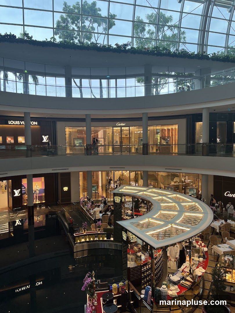 The image shows the interior of a multi-level shopping mall with a glass ceiling and a canal running through the center. Several luxury brand stores, including Louis Vuitton and Cartier, are visible on the upper levels. A curved bar or cafe area is situated over the canal, with patrons seated at tables. The overall ambiance is upscale and modern.