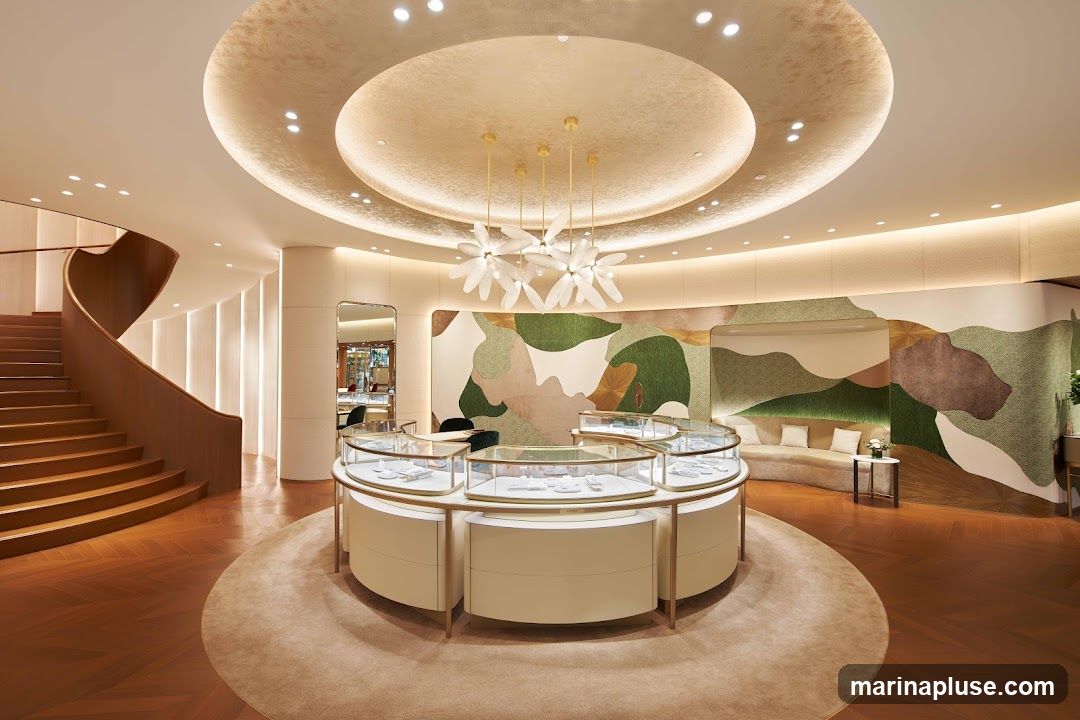 A luxurious jewelry store interior featuring a curved staircase, display cases filled with jewelry, and a decorative wall mural. The space is illuminated by modern pendant lights and recessed ceiling lights, creating a warm and inviting ambiance. A curved sofa with cushions is visible in the background, along with a small side table and a vase of flowers.