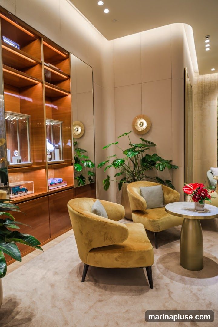 A well-lit, elegant interior space featuring plush, mustard-yellow armchairs arranged around a small, round marble-topped table. A large potted plant with broad leaves adds a touch of greenery. To the left, a tall wooden display unit with glass-fronted shelves showcases items, possibly jewelry or watches, illuminated from within. Mirrors on the wall reflect the scene, enhancing the sense of space and light. Decorative wall sconces with a sunburst design are visible. The overall ambiance is one of sophistication and comfort.