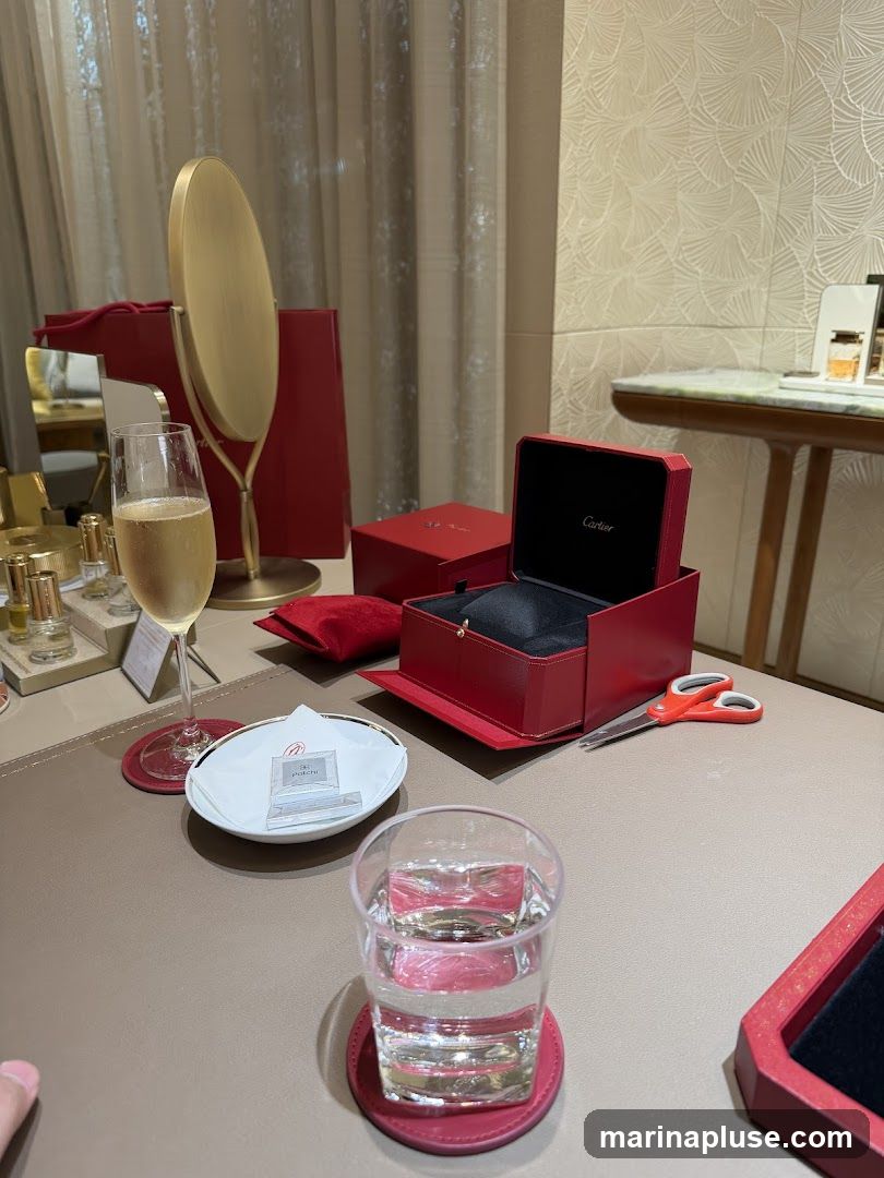 A table is set with a glass of champagne and a glass of water, both on red coasters. In front of the champagne is a small white dish with a packet of what appears to be chocolates or sweets. To the right of the champagne is an open red Cartier box, revealing a black interior, and a pair of orange-handled scissors. Behind the champagne is a large gold oval mirror on a stand, and a red shopping bag. Further back, on a shelf, are several small bottles, possibly perfumes or cosmetics. The overall scene suggests a luxury retail environment.