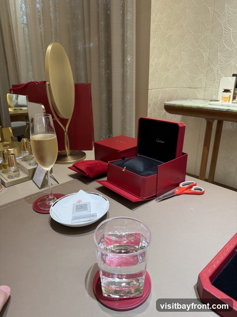A table is set with a glass of champagne and a glass of water, both on red coasters. In front of the champagne is a small white dish with a packet of what appears to be chocolates or sweets. To the right of the champagne is an open red Cartier box, revealing a black interior, and a pair of orange-handled scissors. Behind the champagne is a large gold oval mirror on a stand, and a red shopping bag. Further back, on a shelf, are several small bottles, possibly perfumes or cosmetics. The overall scene suggests a luxury retail environment.