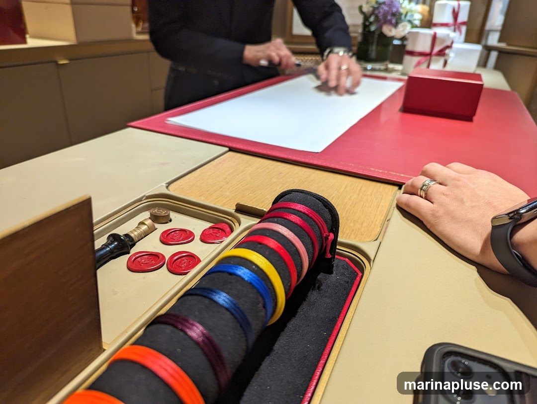 A close-up view of a personalized gift wrapping station. In the foreground, a tray holds several red wax seals and a wax seal stamp. Next to it, a roll of fabric is wrapped with colorful ribbons in red, pink, yellow, blue, and purple. In the background, a person's hands are visible, one holding a pen over a white sheet of paper on a red mat, and the other resting on the counter. A red gift box and a vase of flowers are also visible on the counter.
