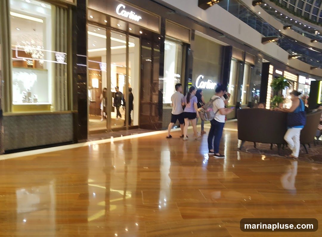 A wide shot of the exterior of a Cartier store in a mall. The store has large glass doors and windows, with the Cartier logo visible above the entrance. Several people are walking by the store. The floor is made of polished wood.