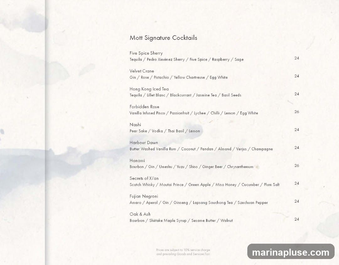 A list of signature cocktails with their ingredients and prices.
