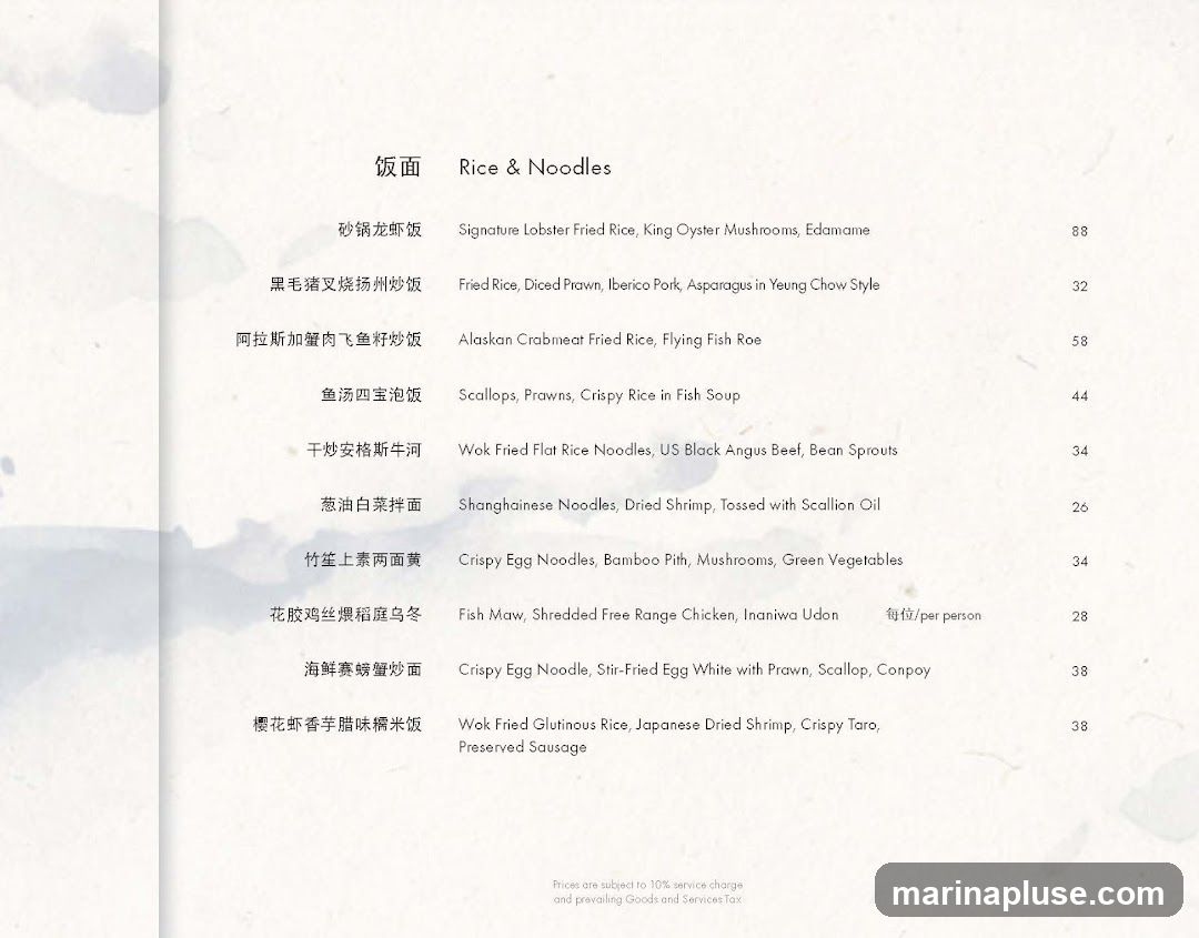 A menu page with Chinese and English descriptions of various rice and noodle dishes.