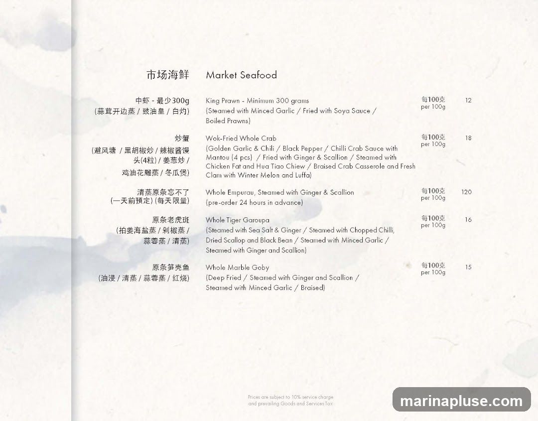 A menu listing various seafood dishes with preparation methods and prices.