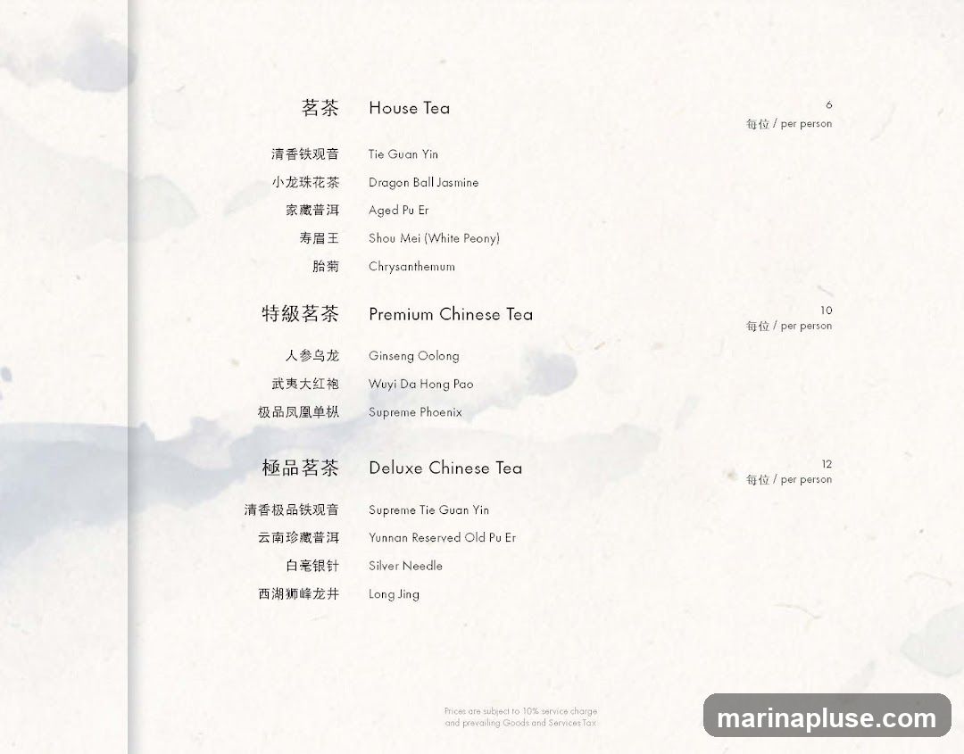 A menu featuring different categories of tea with their English and Chinese names and prices per person.