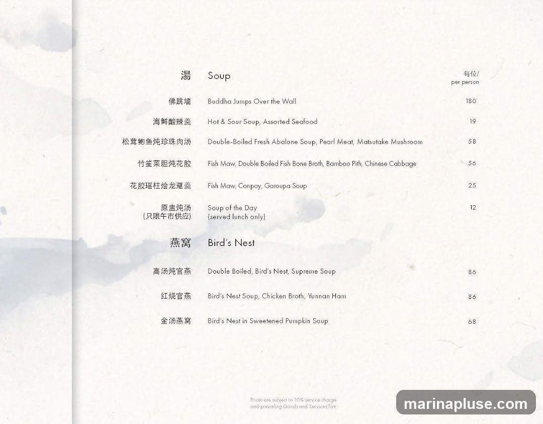 A menu featuring various soups and bird's nest dishes with prices per person.