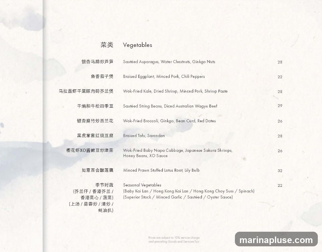 A menu section listing various vegetable dishes with their ingredients and prices.