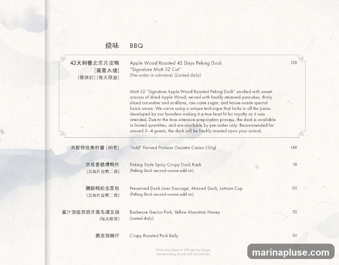 Menu items include Apple Wood Roasted 42 Days Peking Duck, Peking Style Spicy Crispy Duck Rack, Preserved Duck Liver Sausage Minced Duck Lettuce Cup, Barbecue Iberico Pork Yellow Mountain Honey, and Crispy Roasted Pork Belly.