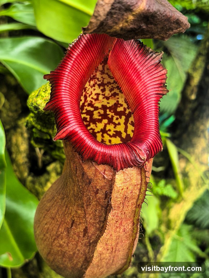 A close-up, detailed photograph of a pitcher plant. The pitcher has a bulbous lower section in shades of brown and tan, with a textured surface. The opening of the pitcher is rimmed with a vibrant red, ribbed structure. Inside the opening, a pattern of yellow and dark red spots is visible. Lush green foliage forms the background, with some mossy textures also present.