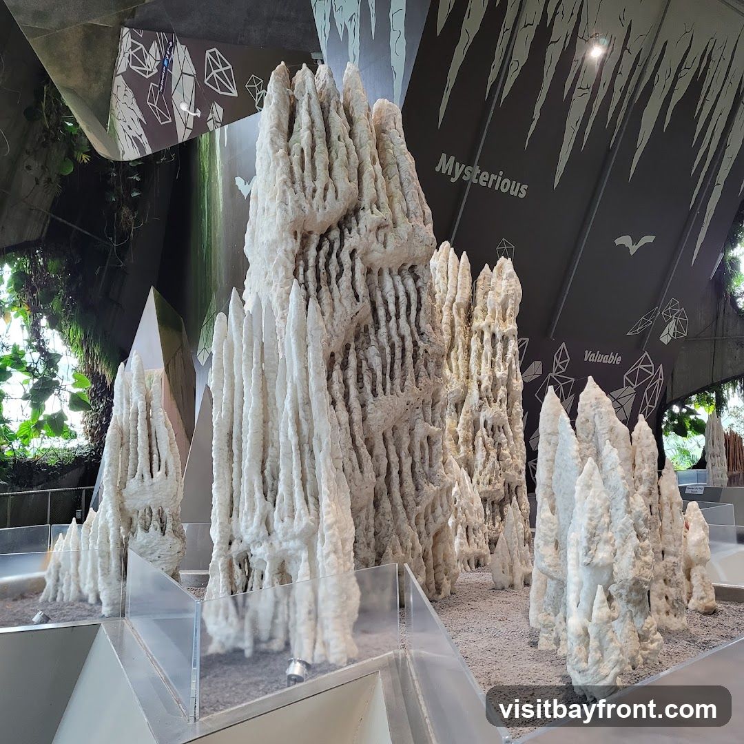 A display of white, stalactite-like formations resembling those found in caves. The formations are arranged on a gravel-like surface within a museum or exhibition setting. The background features a dark, angled wall with graphics of crystals and the words "Mysterious" and "Valuable" printed on it. Lush green foliage is visible in the upper left corner, suggesting an indoor garden or conservatory environment.