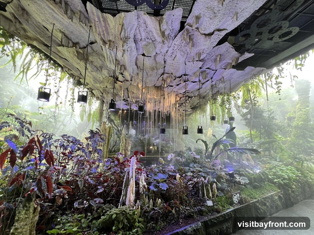 An indoor garden exhibit features lush foliage, including ferns and flowering plants, illuminated by hanging lights and spotlights. The ceiling is designed to resemble a rocky overhang, with decorative elements and hanging lights creating a magical atmosphere. Mist or fog adds to the ethereal ambiance of the display.