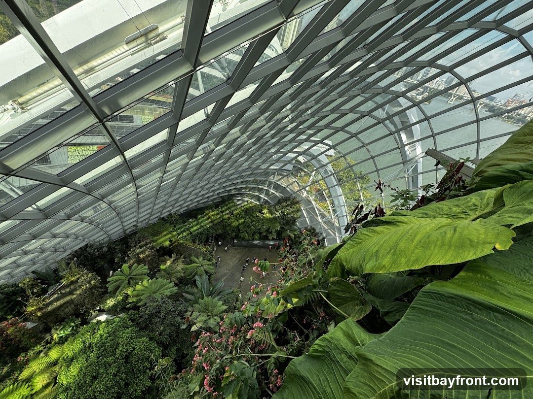An interior view of a large, climate-controlled botanical garden with a geodesic dome-like glass roof. Lush greenery, including large-leafed plants, ferns, and flowering bushes, fills the space. People can be seen walking along pathways below. The exterior view through the glass shows a body of water and buildings.
