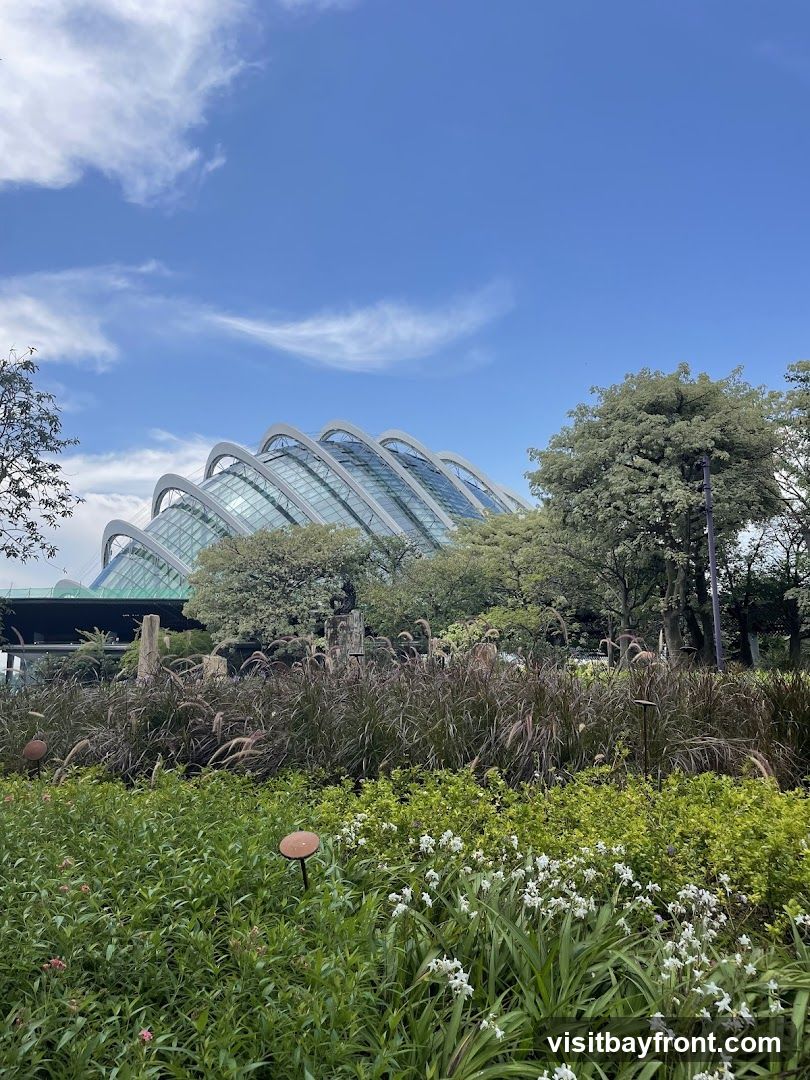 A view of the Cloud Forest dome at Gardens by the Bay, Singapore, with lush greenery and flowers in the foreground. The dome's distinctive architecture is visible against a blue sky with scattered clouds.