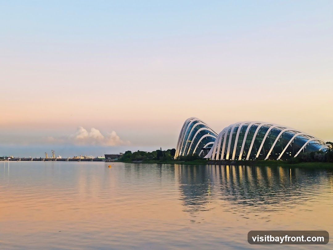 A wide shot of the iconic Supertree Grove domes at Gardens by the Bay, Singapore, during sunset. The sky transitions from a soft blue to warm orange and pink hues. The glass and steel structures of the domes are illuminated, reflecting on the calm water in the foreground. In the distance, a harbor with ships and cranes is visible along the coastline.