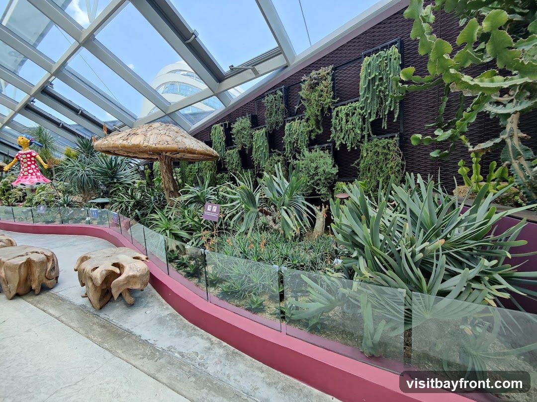 A view inside a large greenhouse or conservatory, showcasing a diverse collection of succulents and other arid plants. The display features a large mushroom-shaped sculpture, a colorful doll figure, and a vertical garden wall with hanging plants. Seating made of carved wood is visible in the foreground, and a modern building can be seen through the glass ceiling.