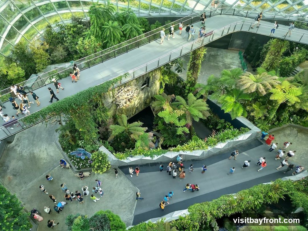 An aerial view of a lush indoor botanical garden, featuring a geodesic dome structure overhead. Elevated walkways wind through dense foliage, with numerous visitors strolling along them. The garden showcases a variety of plants, including ferns and palm-like trees, with water features and rock formations integrated into the landscape.