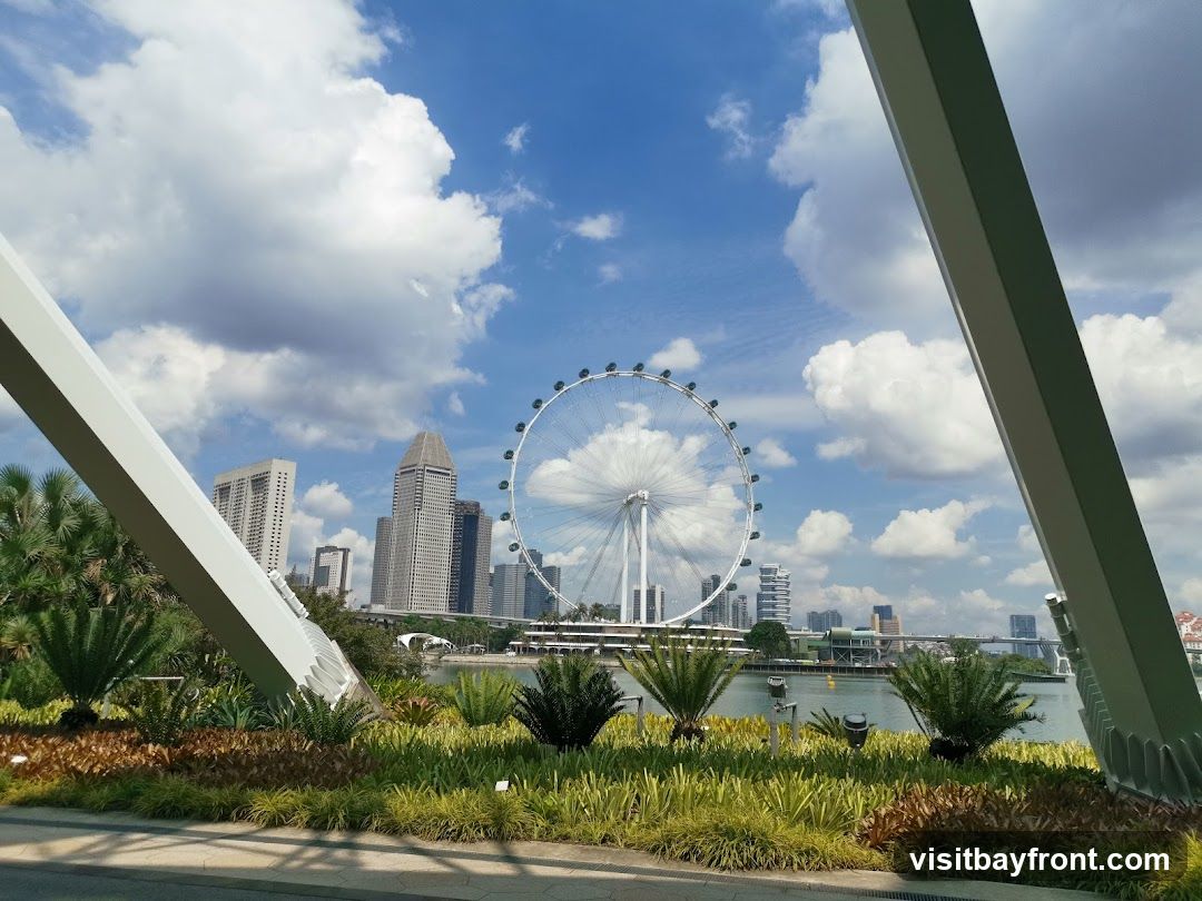 A view of the Singapore Flyer Ferris wheel against a bright blue sky with fluffy white clouds. In the foreground, there is a landscaped garden with various plants and foliage. The background features a city skyline with modern skyscrapers and a body of water. The image is framed by two large, white, angled structures, possibly part of an architectural element or bridge.