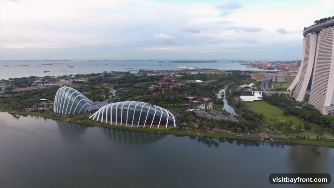 An aerial view of Gardens by the Bay in Singapore, featuring the iconic Supertree Grove and the large conservatories. To the right, the Marina Bay Sands hotel complex is visible. The scene is set against a backdrop of the sea with numerous ships and a port in the distance. The sky is overcast.