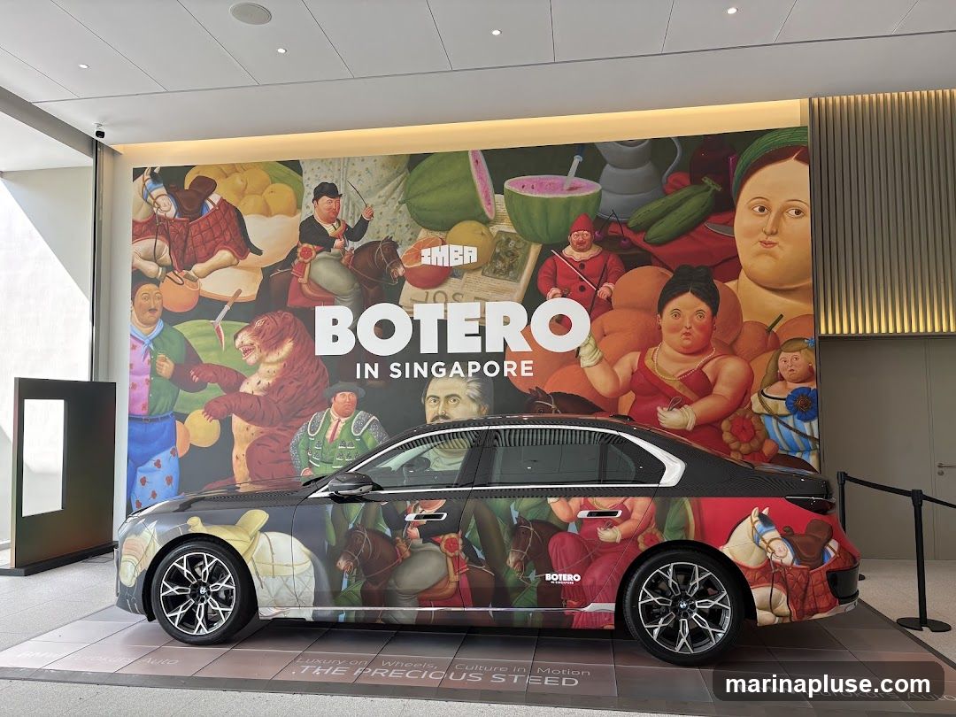 A BMW car is displayed in front of a large mural featuring artwork by Botero. The mural depicts various figures and still life elements in Botero's signature style. The car itself is also decorated with Botero-inspired artwork. Text on the wall reads "BOTERO IN SINGAPORE" and text on the floor reads "Luxury on Wheels, Culture in Motion THE PRECIOUS STEED BMW Eurokars Auto".