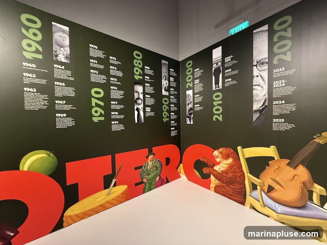 A wall display featuring a timeline of events from 1960 to 2025, with photographs and text. Large red letters spelling out a word are visible at the bottom, along with decorative elements like a green apple, a slice of cheese with a knife, a bullfighter figurine, a tiger figurine, a chair, and a guitar. An "EXIT" sign is visible on the ceiling.