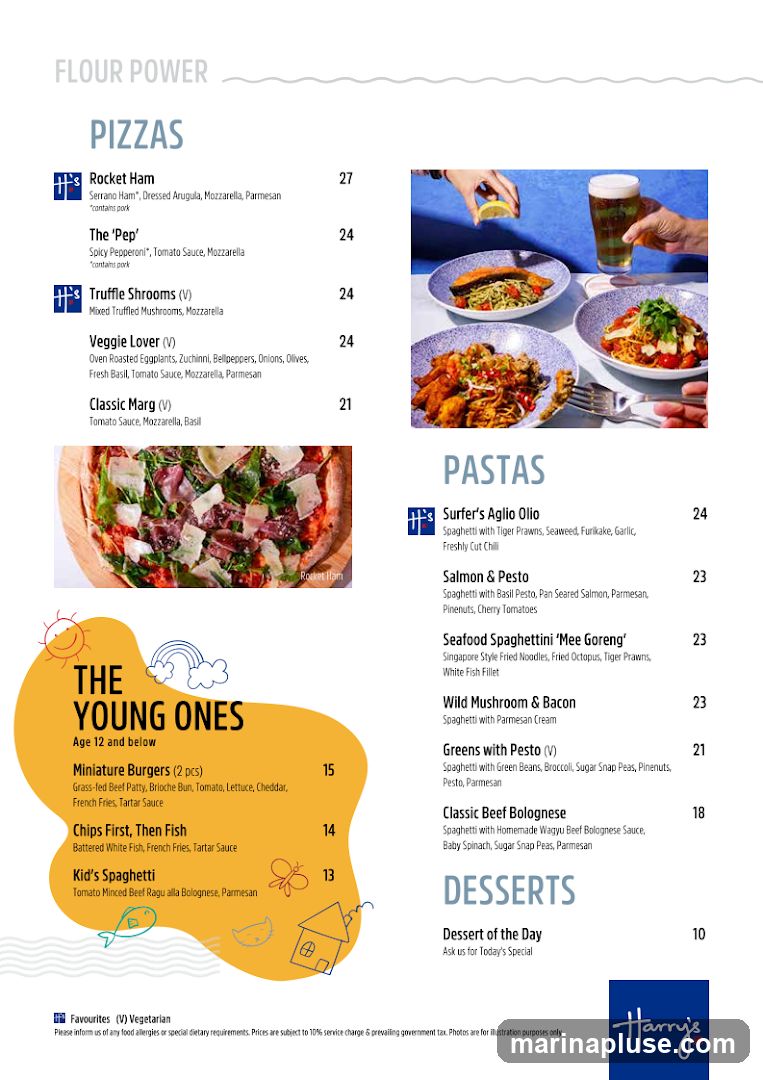 Menu featuring pizzas, pastas, and desserts. Includes a section for 'The Young Ones' (Age 12 and below).